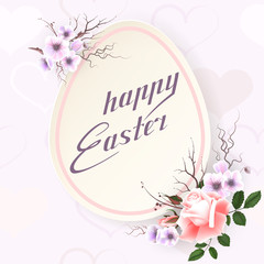 Happy Easter card with eggs, spring flowers, lettering, calligraphy. Vector illustration EPS10