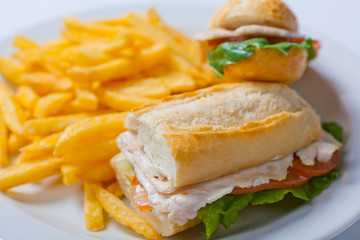 Sandwich with chicken, cheese and golden French fries potatoes