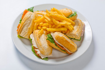Different types of sandwiches with French fries on a white plate