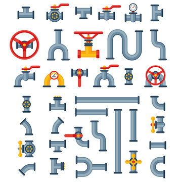 Details pipes different types collection of water tube industry gas valve construction and oil industrial pressure technology plumbing vector illustration.