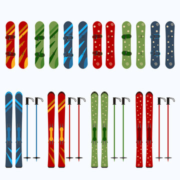 set of male and female skis and snowboards. vector illustration