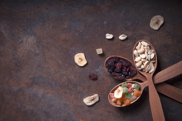 Peanuts, raisins and candied fruits - healthy breakfast