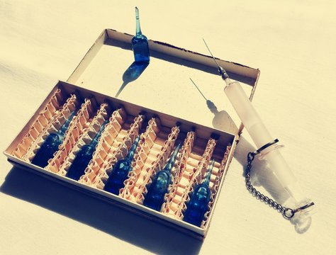 Original Antique Cobalt Blue Vials inside the Box and Vintage Old Syringe