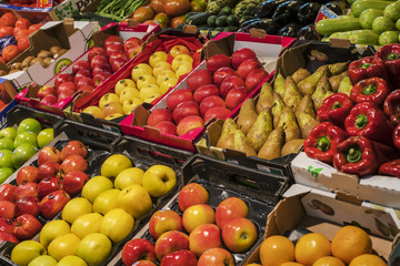Fresh fruit and vegetable stall in Triana market, Seville, Spain. Famous covered food market in Triana , Seville