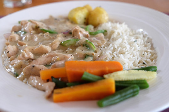 A meal of chicken stroganoff with white rice and vegetables, restaurant in Kolkata