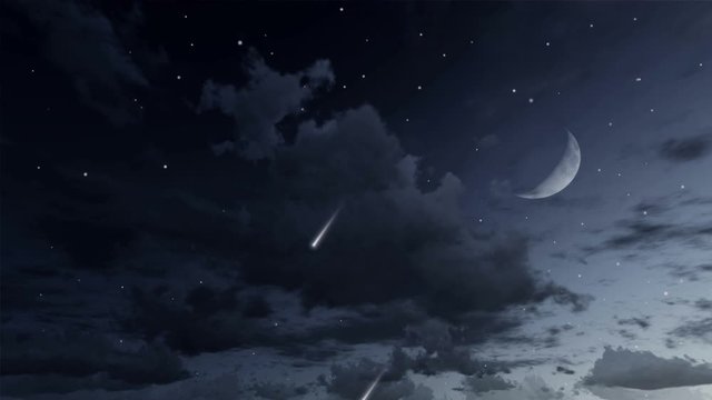Fantastic starry night sky with half moon and falling stars meteors in cinemagraph style. Loop able 3D animation rendered in 4K