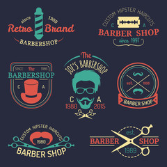 Vector set of vintage hipster barbershop logos. Hairdresser badges or emblems collection.