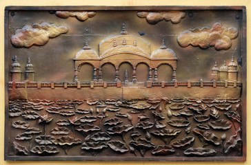 Jalmandir-Pavapuri Bihar - the place where Lord attains Nirvan, Street bass relief on the wall of...