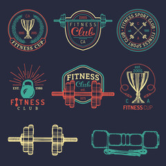 Vector fitness logos set. Hand sketched athletic signs. Gym emblems illustration. Sporting club icons for badges etc.