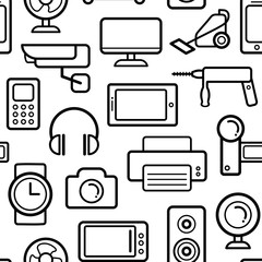 Vector seamless pattern of electrical engineering, household appliances and electronics icons in line style.