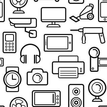 Vector seamless pattern of electrical engineering, household appliances and electronics icons in line style.