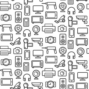 Vector seamless pattern of electrical engineering, household appliances and electronics icons in line style.