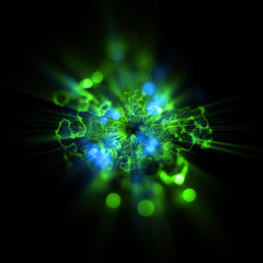 Abstract blurry atom explosion background. Big bang. Splash in ambient. Neon background. Glowing cover. Glossy sparks and glint particle in space. Colorful ellipse. Physical formula. Vitamin molecule