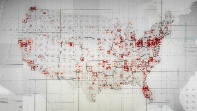 White USA Map with Lines Rollback Camera. White USA map with visual effects,square indicators and animated lines in different places.