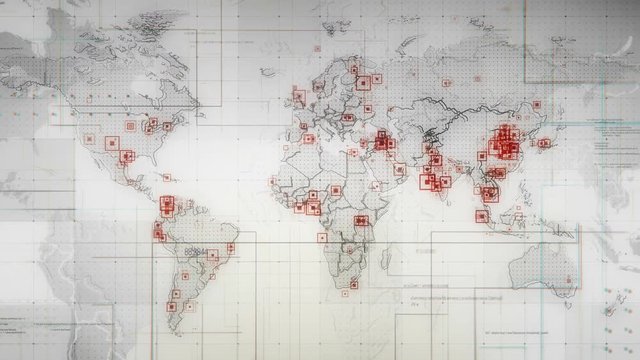 White World Map with Lines Rollback Camera. White World map with visual effects,square indicators and animated lines in different places.