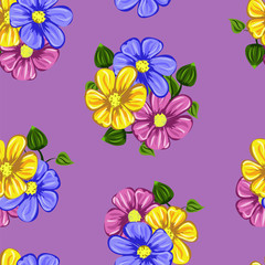 Seamless vector background with cute floral pattern. Design for cloth, wallpaper, gift wrapping. Print for silk, calico and other projects.Colorful flowers on lilac background.