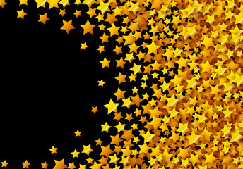 Golden stars glitter scattered on black in celebration card