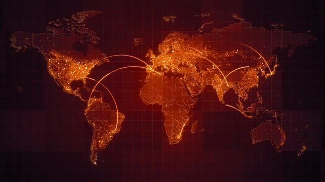 Connection Red World Map Loop.  This animated World map with visual effects and flying glowing connections in different places on the map.