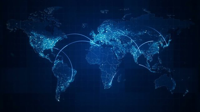 Connection Blue World Map Loop.  This animated World map with visual effects and flying glowing connections in different places on the map.