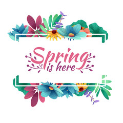 Design banner with  spring is here logo. Card for spring season with white frame and herb. Promotion offer with spring plants, leaves and flowers decoration.  Vector