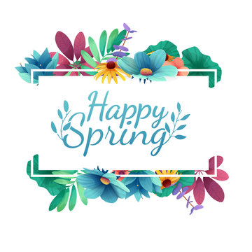Design banner with  Happy spring logo. Card for spring season with white frame and herb. Promotion offer with spring plants, leaves and flowers decoration.  Vector