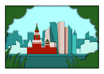 Paper applique style vector illustration. Card with application of Moscow ponorama with Kremlin and Moscow City Business center. Postcard