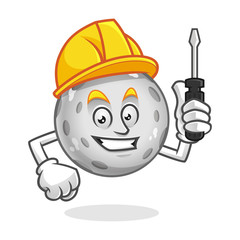 Naklejka premium Worker moon mascot wearing hard hat and holding screwdriver, moon character, moon cartoon vector 