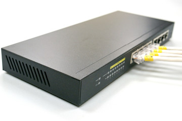 Network switch and ethernet cables isolated background select focus