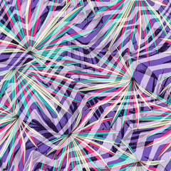 colorful palm leaves and stripes overlay - abstract seamless background