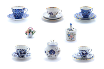 Collage of porcelain tea cups and dishes with flower ornament