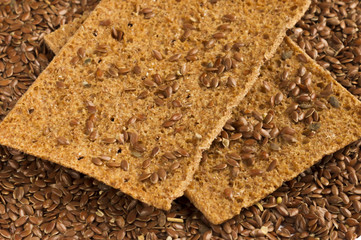 flax seeds and two slices of rye bread background