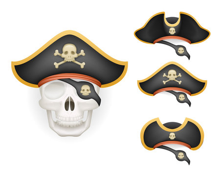 Skull with pirate hats set realistic head isolated template mockup vector illustration