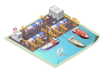 Set of Isolated High Quality Isometric City Elements . Harbor with Shadows on White Background