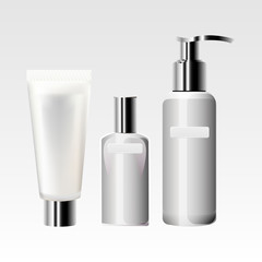 Realistic cosmetic bottle mock up set isolated pack on white background.