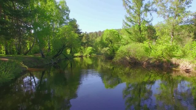 4K. Prores codec. Aerial video from the air. Summer forest with a small mountain river