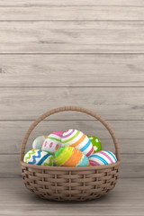3d render of colorful painted easter eggs in a basket on wooden background