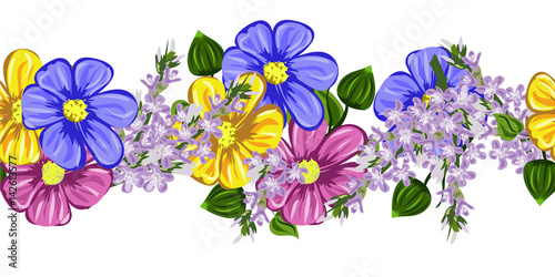 "Seamless floral border with bright, colorful flowers. Hand-drawn