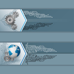 Set of web banners with computer chip attached on gears, earth globe and electronic circuits; Vector illustration
