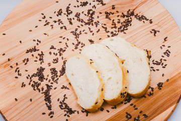 Bran muffin, black beans on a wooden tray