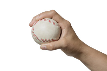 Close up hand holding a baseball on white background. File contains a clipping path.