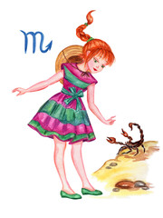Girl and scorpion, watercolor illustration. Sign of the zodiac scorpion, drawing by watercolor.