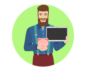 Hipster holding a piggy bank and digital tablet