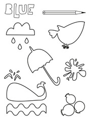 Coloring page, blue things set. Single color worksheets whale, ink, rain, wave, blueberrie, umbrella, bird. Vector illustration, silhouette, isolated. For education and activities.