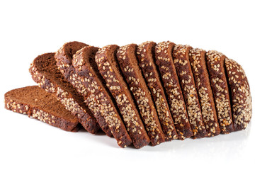 slices of black bread with sesame seeds isolated on white background