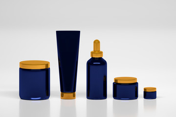 Mockup of a set of skin care products packages. Deep blue plastic shiny cosmetics containers with yellow golden caps on white background.
