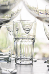 water glass on the shelves , Drinking water container, Empty water glass