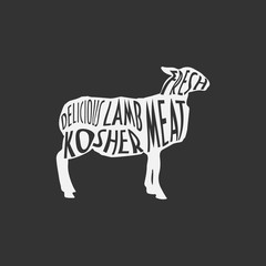 Lamb silhouette with typography "Delicious lamb meat kosher". Kosher Meat vector promo.