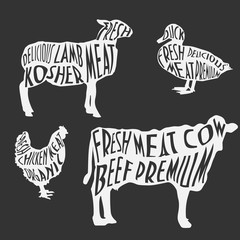 Kosher meat vintage labels: lamb or young sheep, chicken or hen, duck, cow.