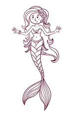Cute doodle sea mermaid. Vector hand drawn girl mermaid. Isolated. Coloring page for children and adult.
