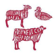Halal Meat Labels. Lamb, duck, cow silhouettes. 